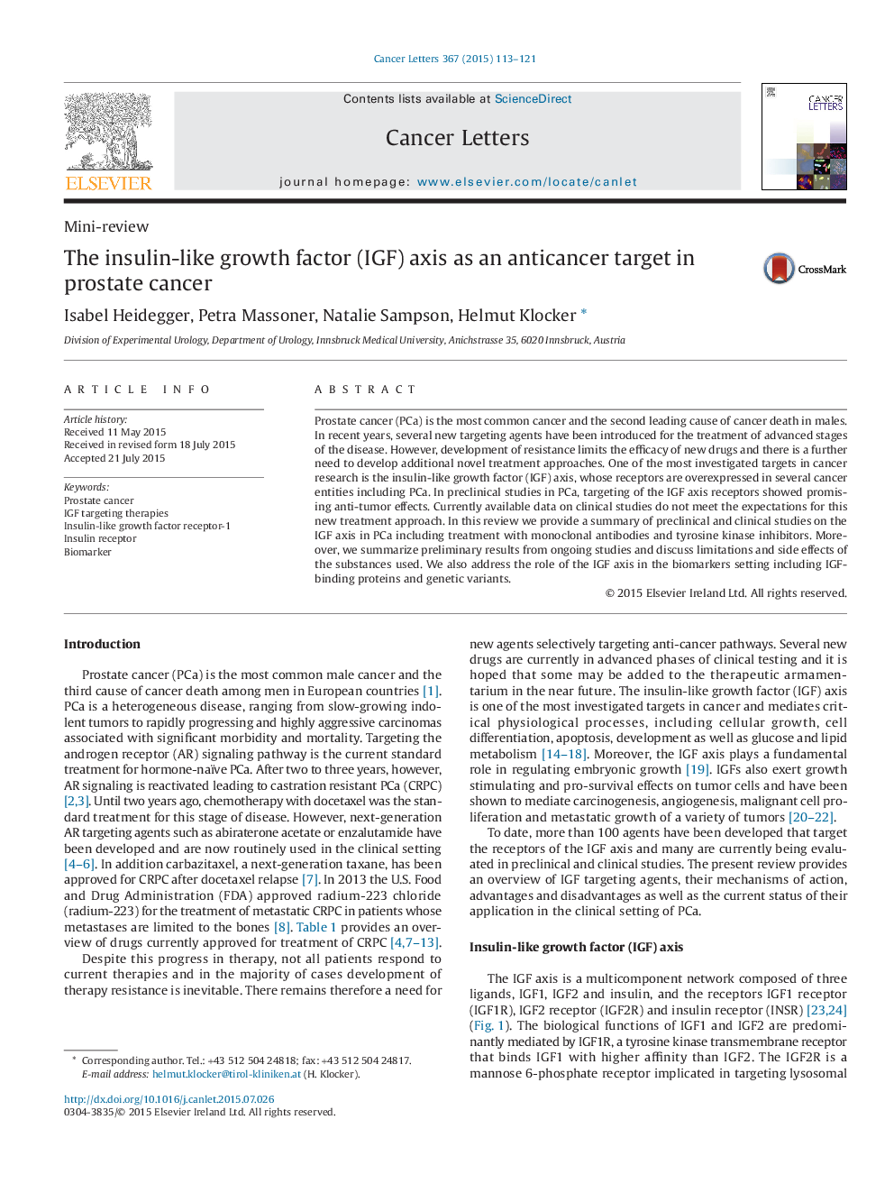 The insulin-like growth factor (IGF) axis as an anticancer target in prostate cancer