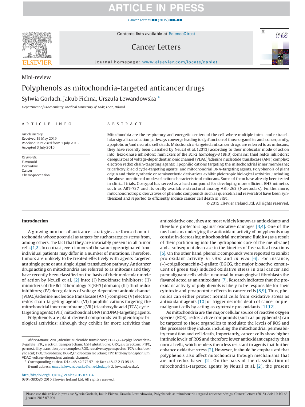 Polyphenols as mitochondria-targeted anticancer drugs