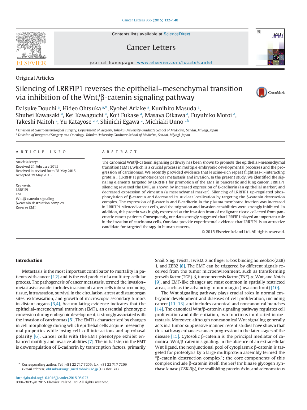 Silencing of LRRFIP1 reverses the epithelial-mesenchymal transition via inhibition of the Wnt/Î²-catenin signaling pathway