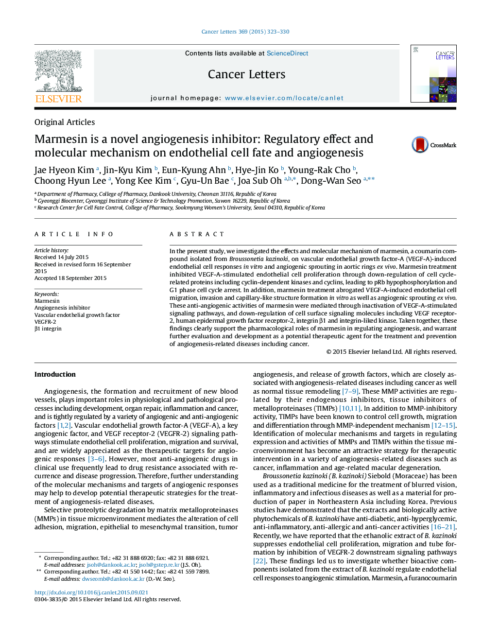 Marmesin is a novel angiogenesis inhibitor: Regulatory effect and molecular mechanism on endothelial cell fate and angiogenesis