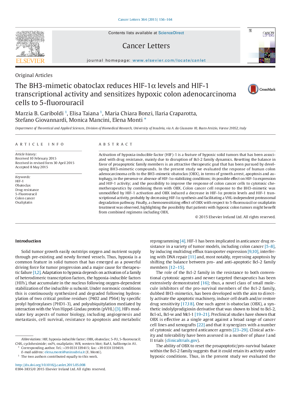 The BH3-mimetic obatoclax reduces HIF-1Î± levels and HIF-1 transcriptional activity and sensitizes hypoxic colon adenocarcinoma cells to 5-fluorouracil