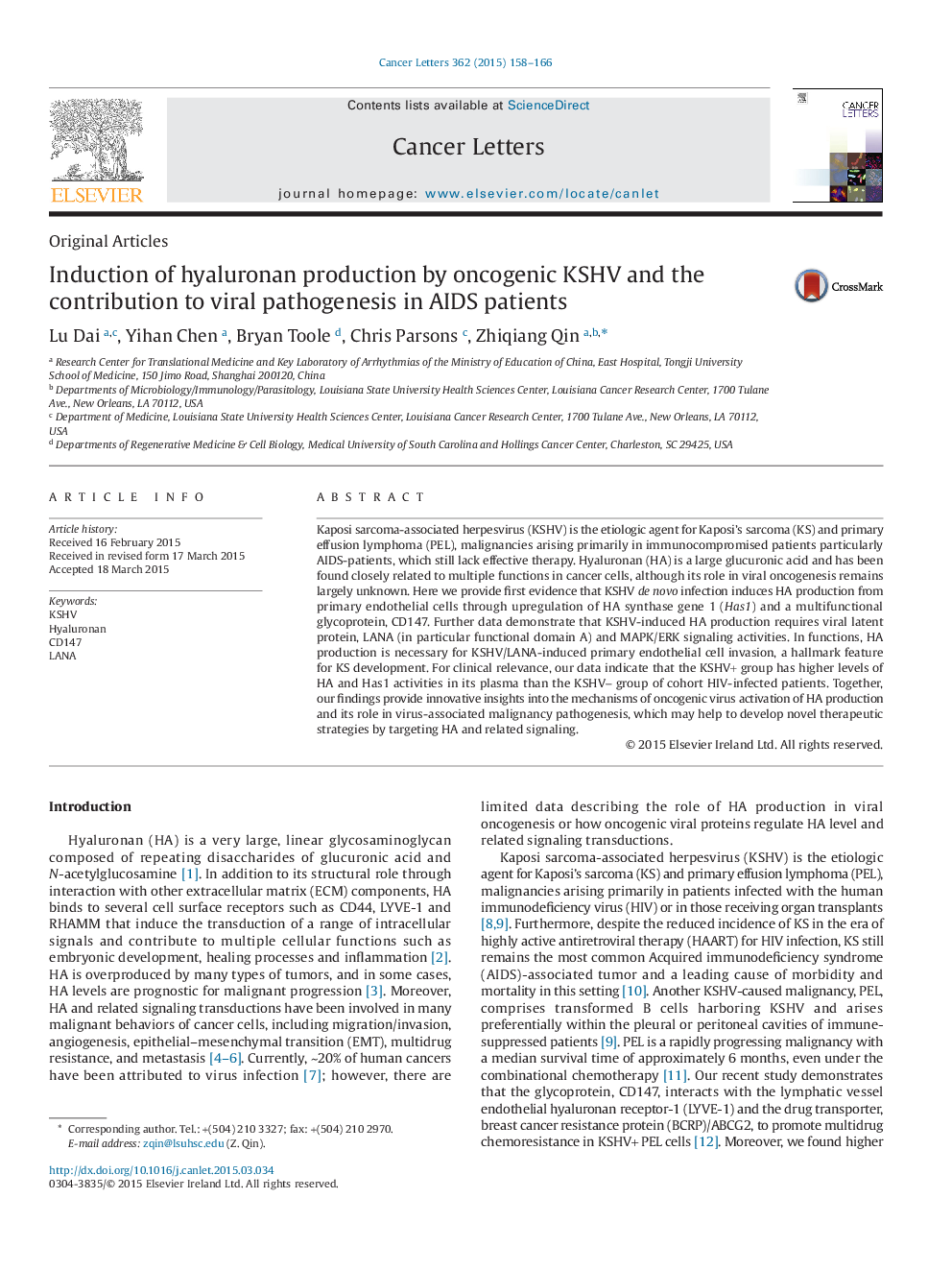 Induction of hyaluronan production by oncogenic KSHV and the contribution to viral pathogenesis in AIDS patients