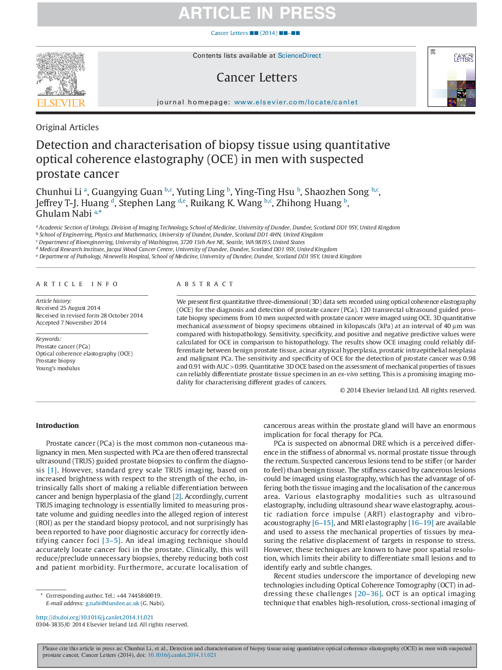 Detection and characterisation of biopsy tissue using quantitative optical coherence elastography (OCE) in men with suspected prostate cancer