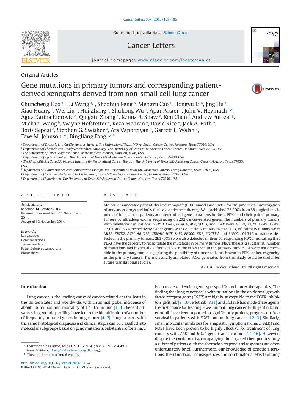 Gene mutations in primary tumors and corresponding patient-derived xenografts derived from non-small cell lung cancer