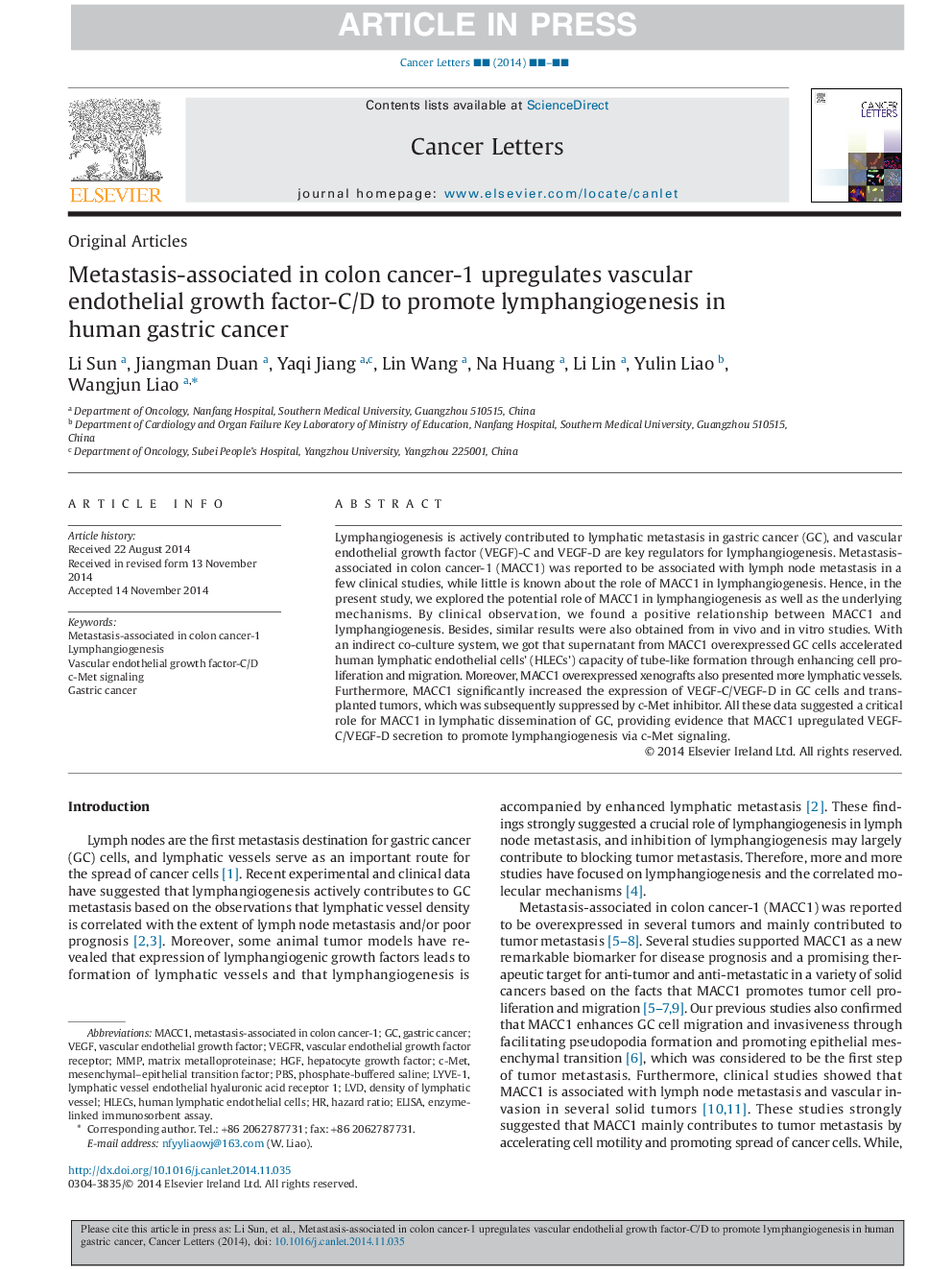 Metastasis-associated in colon cancer-1 upregulates vascular endothelial growth factor-C/D to promote lymphangiogenesis in human gastric cancer