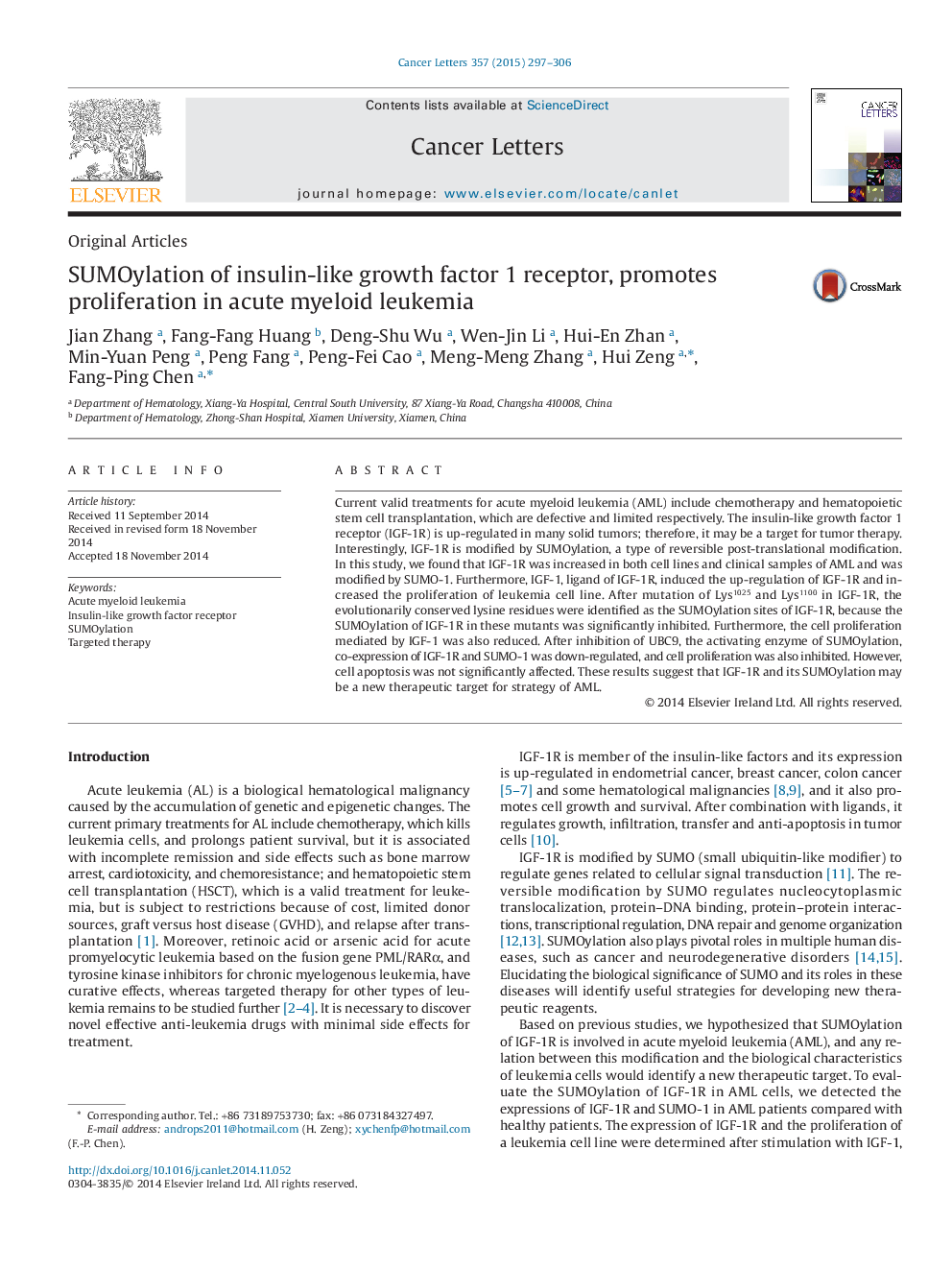 SUMOylation of insulin-like growth factor 1 receptor, promotes proliferation in acute myeloid leukemia