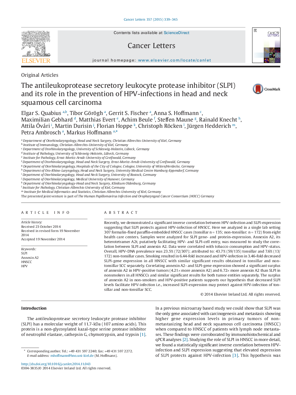 The antileukoprotease secretory leukocyte protease inhibitor (SLPI) and its role in the prevention of HPV-infections in head and neck squamous cell carcinoma