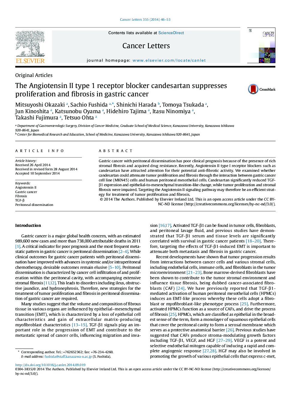 The Angiotensin II type 1 receptor blocker candesartan suppresses proliferation and fibrosis in gastric cancer