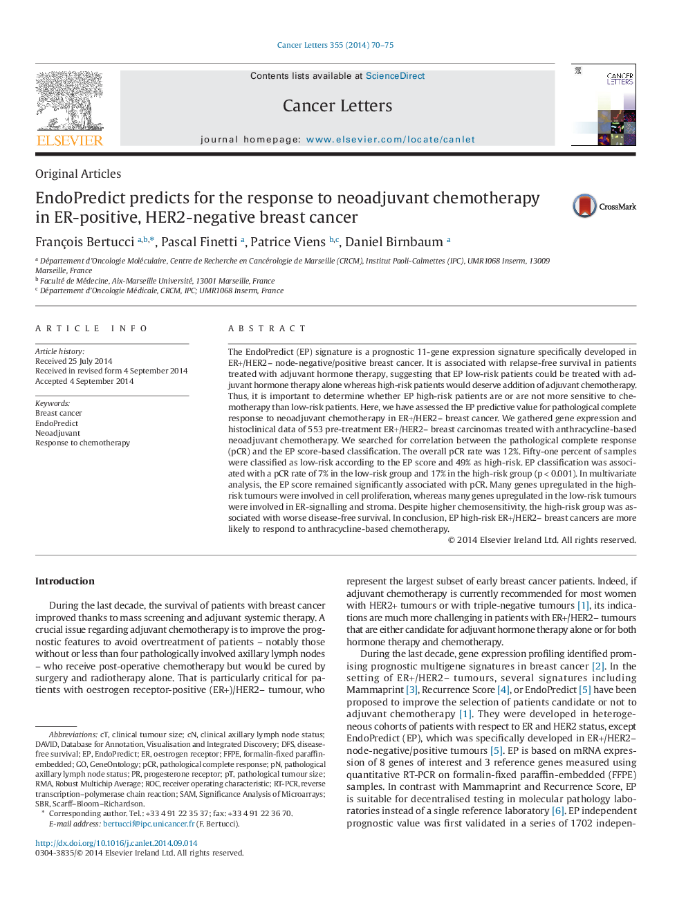 EndoPredict predicts for the response to neoadjuvant chemotherapy in ER-positive, HER2-negative breast cancer