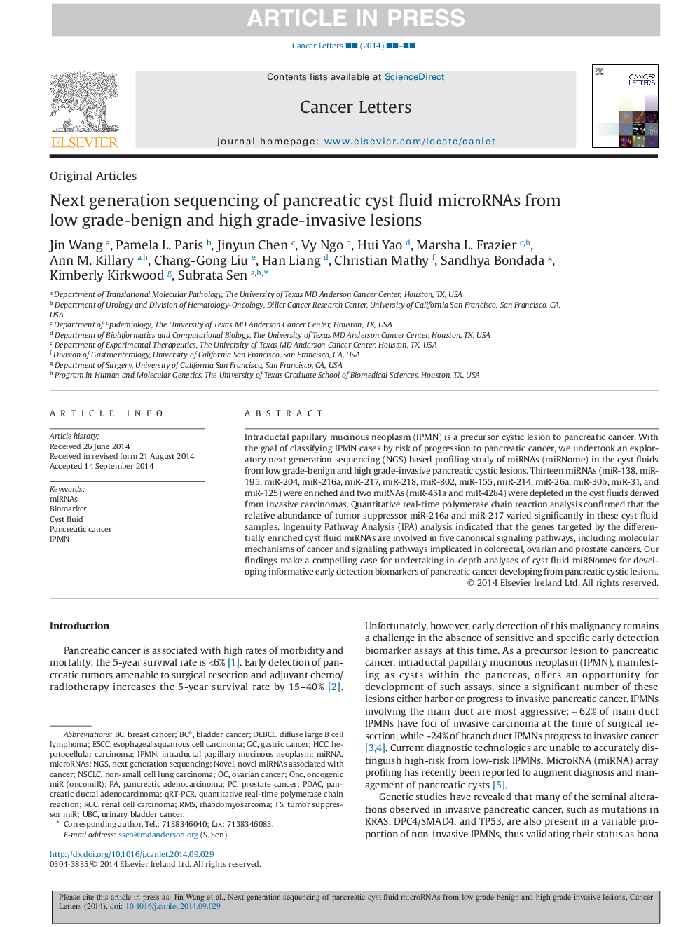 Next generation sequencing of pancreatic cyst fluid microRNAs from low grade-benign and high grade-invasive lesions