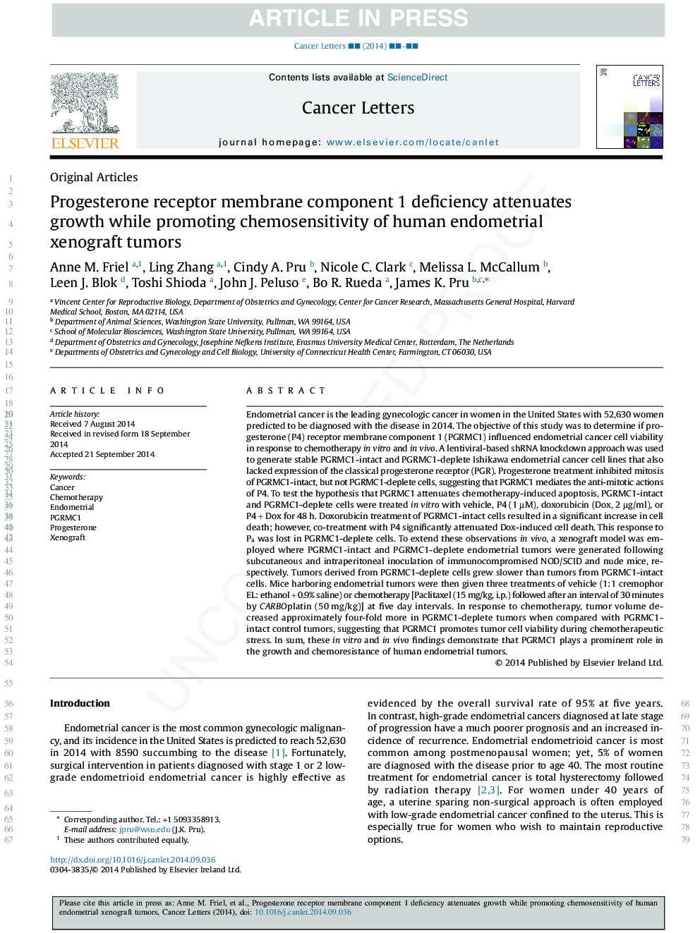 Progesterone receptor membrane component 1 deficiency attenuates growth while promoting chemosensitivity of human endometrial xenograft tumors