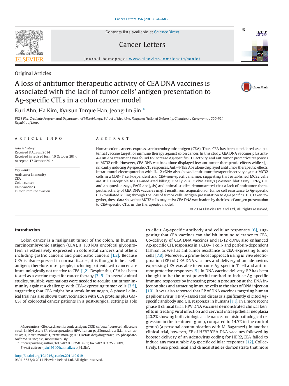 A loss of antitumor therapeutic activity of CEA DNA vaccines is associated with the lack of tumor cells' antigen presentation to Ag-specific CTLs in a colon cancer model