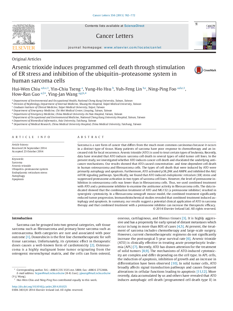 Arsenic trioxide induces programmed cell death through stimulation of ER stress and inhibition of the ubiquitin-proteasome system in human sarcoma cells