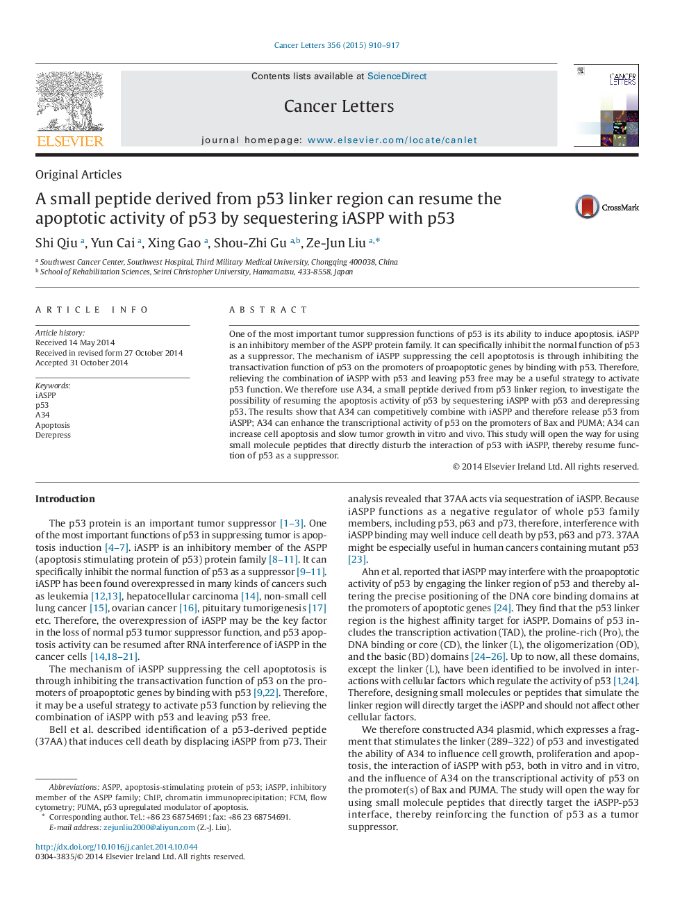 A small peptide derived from p53 linker region can resume the apoptotic activity of p53 by sequestering iASPP with p53