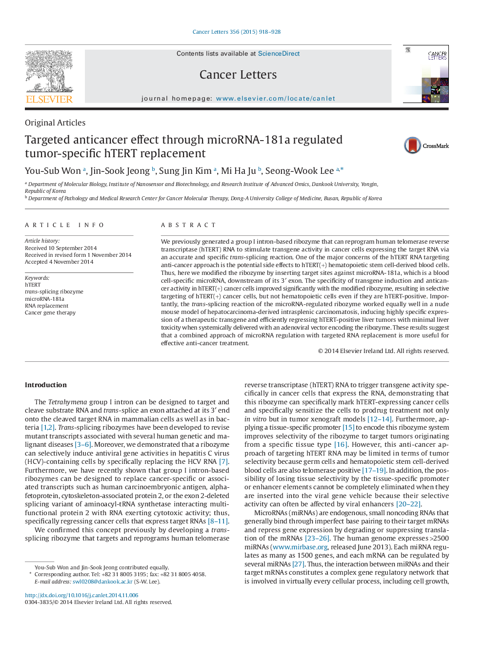 Targeted anticancer effect through microRNA-181a regulated tumor-specific hTERT replacement