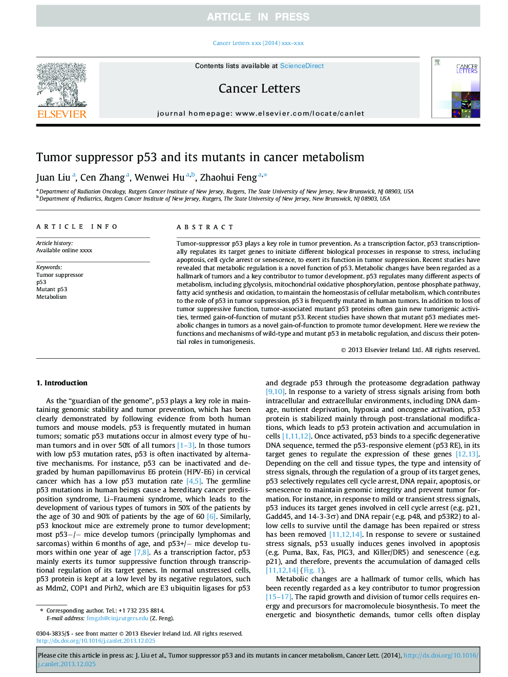 Tumor suppressor p53 and its mutants in cancer metabolism