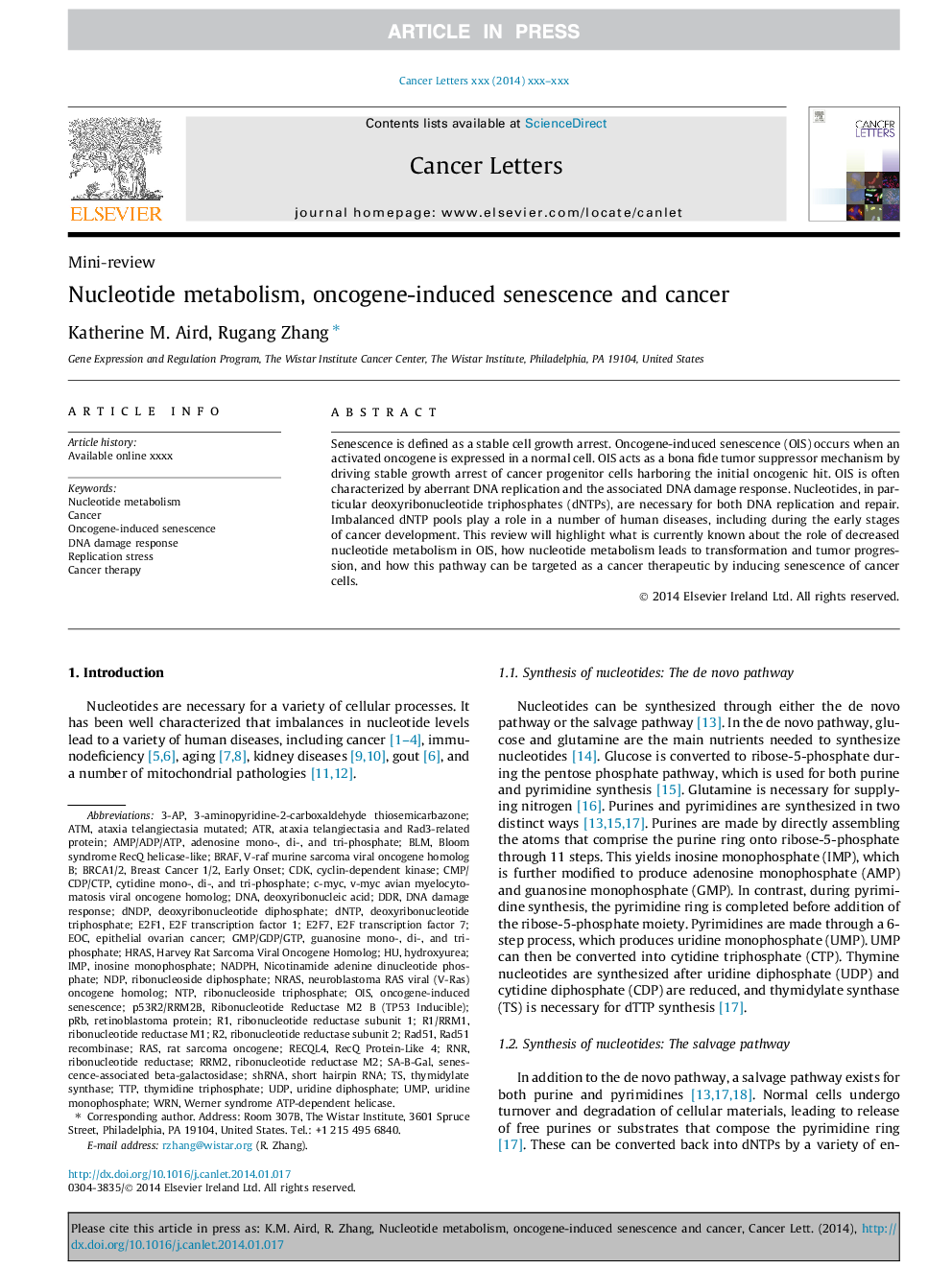 Nucleotide metabolism, oncogene-induced senescence and cancer