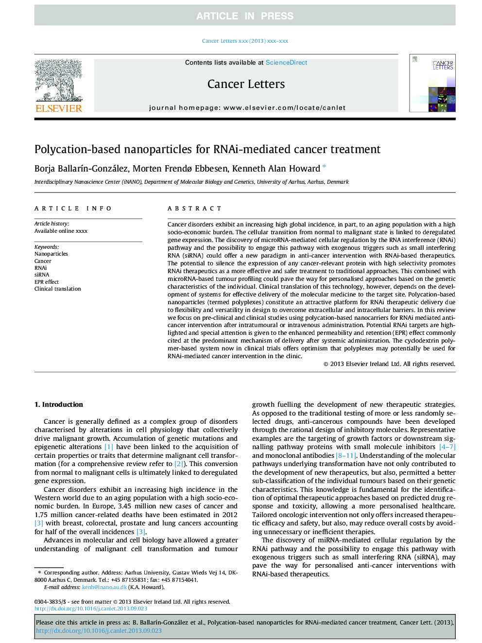 Polycation-based nanoparticles for RNAi-mediated cancer treatment