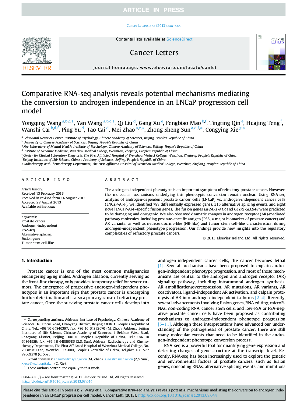 Comparative RNA-seq analysis reveals potential mechanisms mediating the conversion to androgen independence in an LNCaP progression cell model