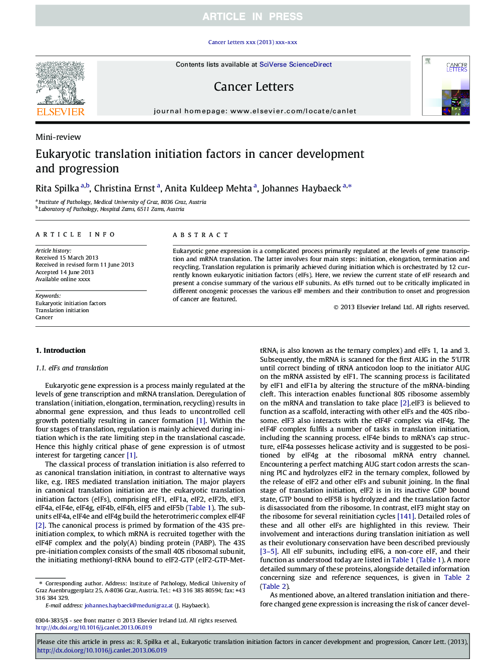 Eukaryotic translation initiation factors in cancer development and progression