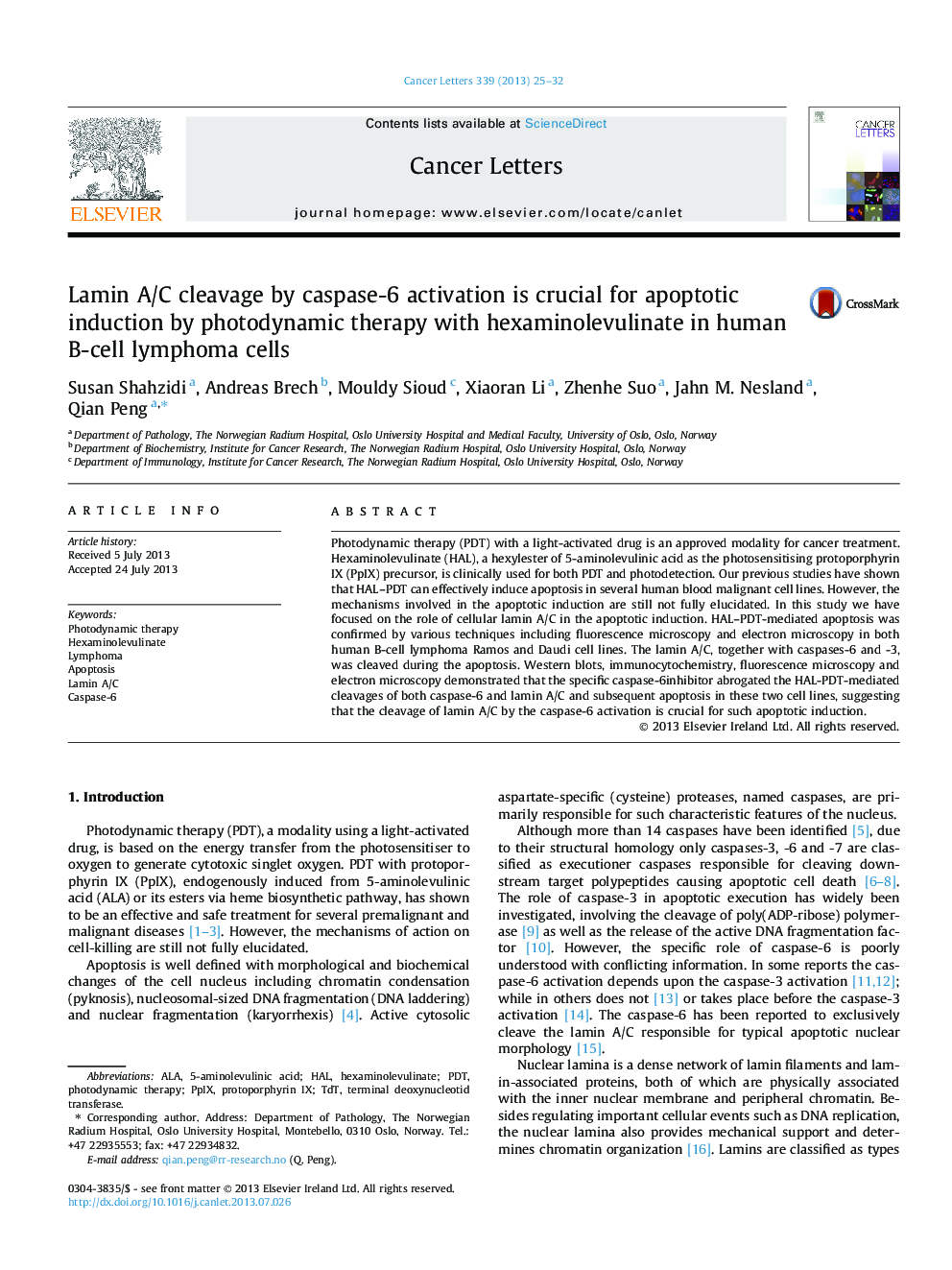 Lamin A/C cleavage by caspase-6 activation is crucial for apoptotic induction by photodynamic therapy with hexaminolevulinate in human B-cell lymphoma cells