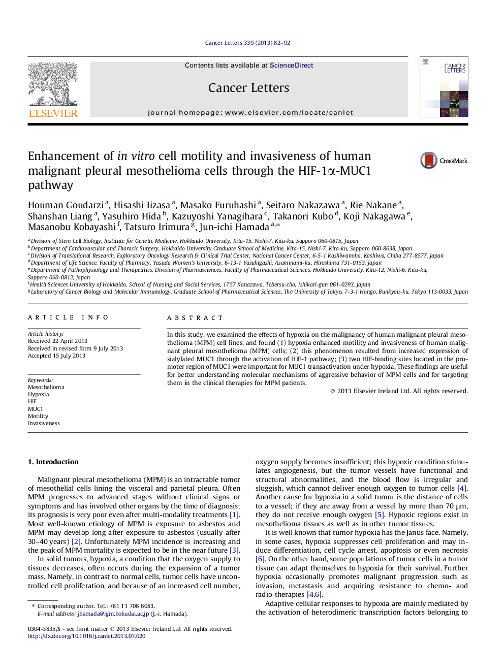 Enhancement of in vitro cell motility and invasiveness of human malignant pleural mesothelioma cells through the HIF-1Î±-MUC1 pathway