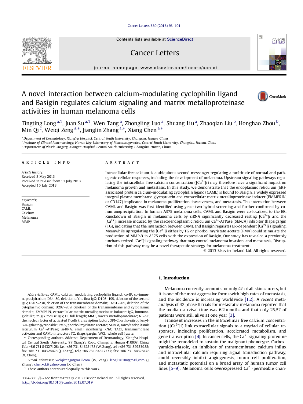 A novel interaction between calcium-modulating cyclophilin ligand and Basigin regulates calcium signaling and matrix metalloproteinase activities in human melanoma cells