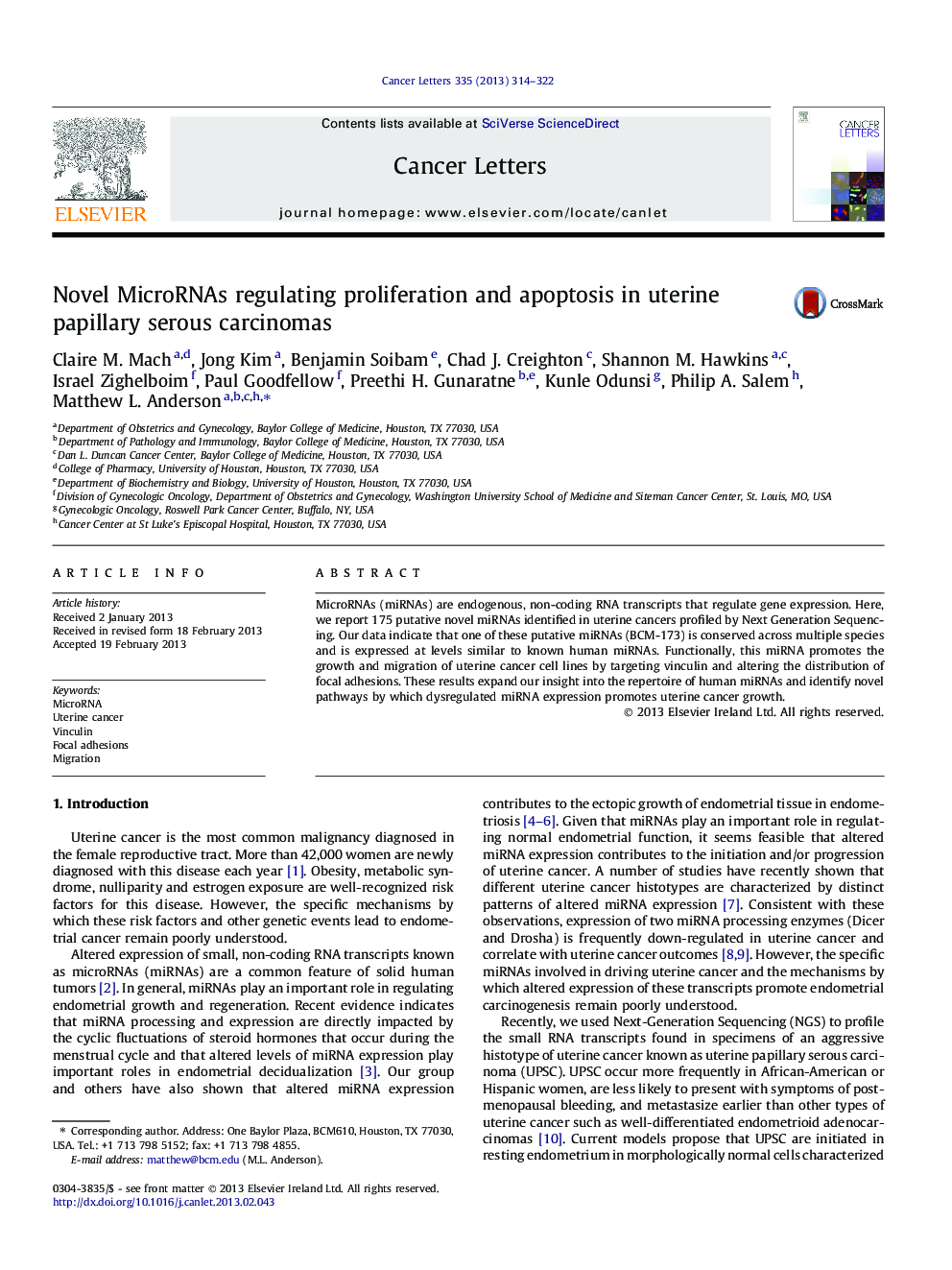 Novel MicroRNAs regulating proliferation and apoptosis in uterine papillary serous carcinomas