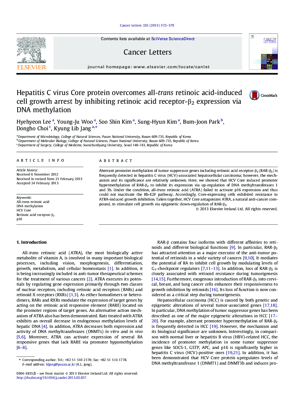 Hepatitis C virus Core protein overcomes all-trans retinoic acid-induced cell growth arrest by inhibiting retinoic acid receptor-Î²2 expression via DNA methylation