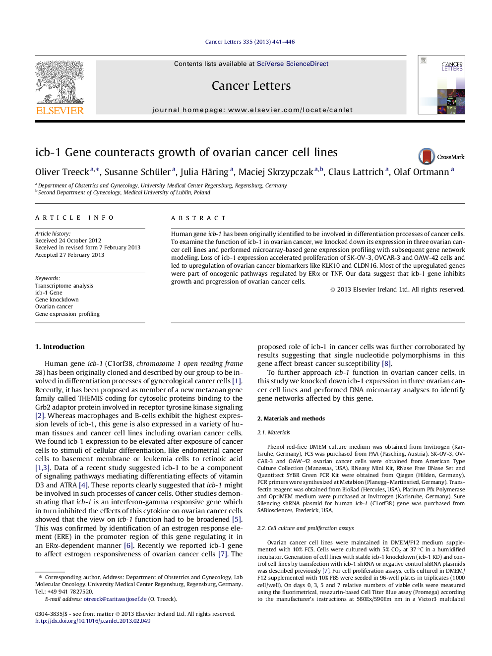 icb-1 Gene counteracts growth of ovarian cancer cell lines