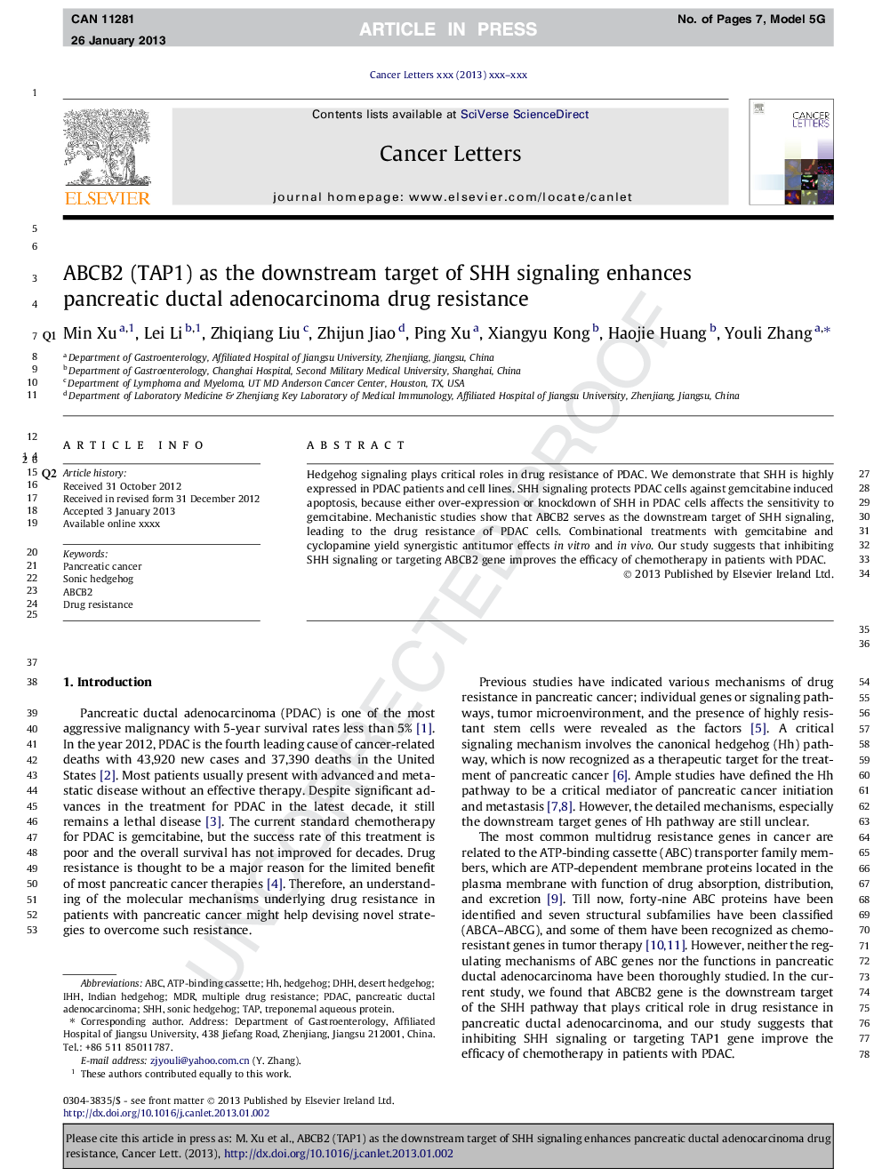 ABCB2 (TAP1) as the downstream target of SHH signaling enhances pancreatic ductal adenocarcinoma drug resistance