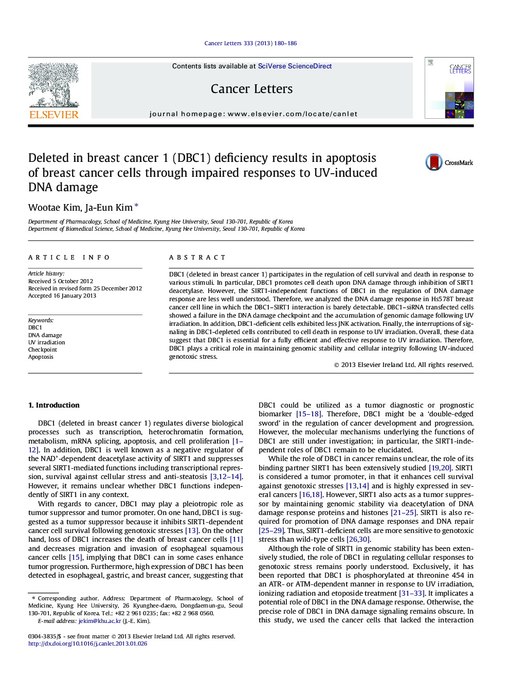 Deleted in breast cancer 1 (DBC1) deficiency results in apoptosis of breast cancer cells through impaired responses to UV-induced DNA damage