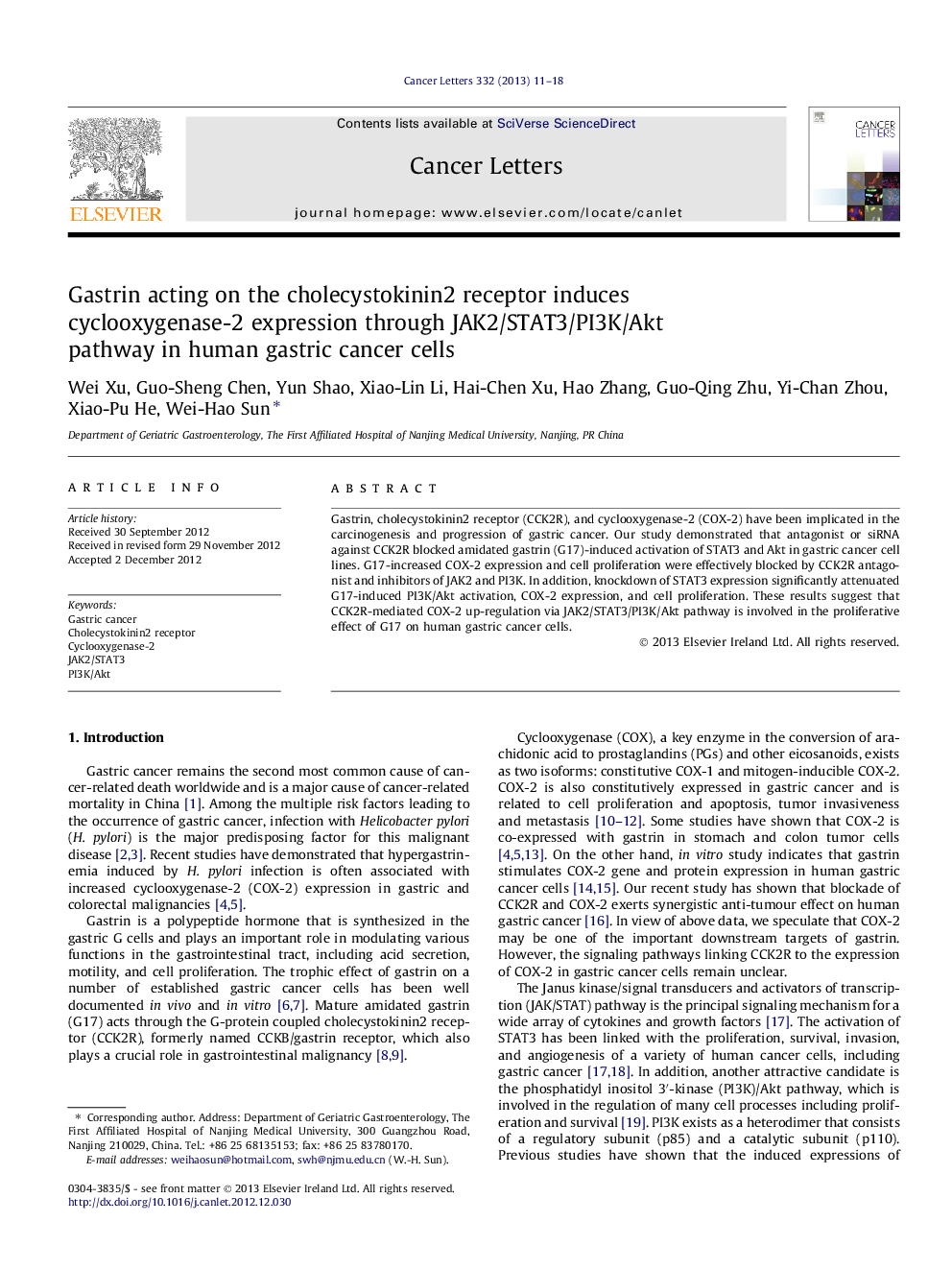 Gastrin acting on the cholecystokinin2 receptor induces cyclooxygenase-2 expression through JAK2/STAT3/PI3K/Akt pathway in human gastric cancer cells