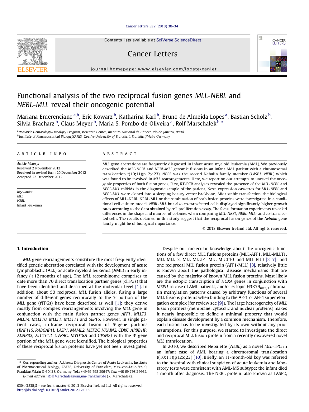 Functional analysis of the two reciprocal fusion genes MLL-NEBL and NEBL-MLL reveal their oncogenic potential