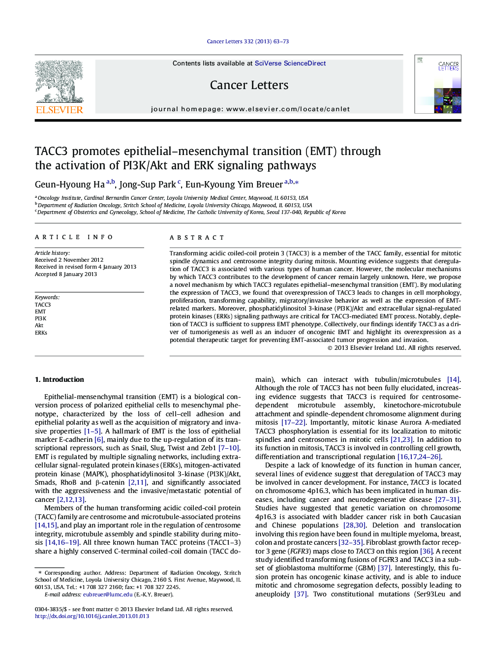 TACC3 promotes epithelial-mesenchymal transition (EMT) through the activation of PI3K/Akt and ERK signaling pathways