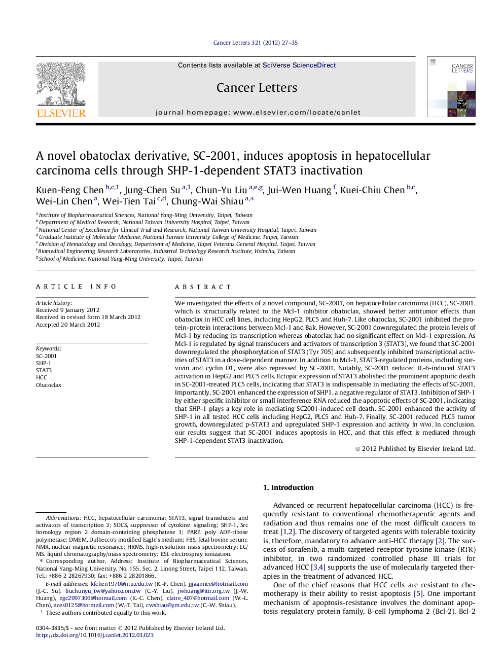 A novel obatoclax derivative, SC-2001, induces apoptosis in hepatocellular carcinoma cells through SHP-1-dependent STAT3 inactivation