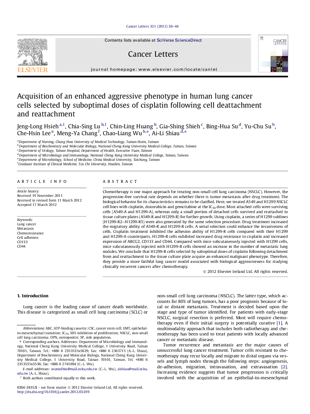 Acquisition of an enhanced aggressive phenotype in human lung cancer cells selected by suboptimal doses of cisplatin following cell deattachment and reattachment