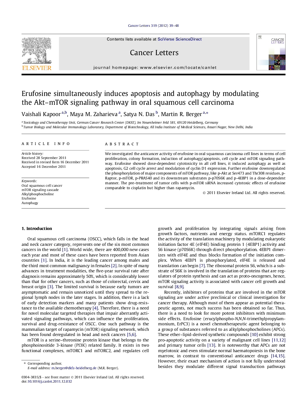 Erufosine simultaneously induces apoptosis and autophagy by modulating the Akt-mTOR signaling pathway in oral squamous cell carcinoma