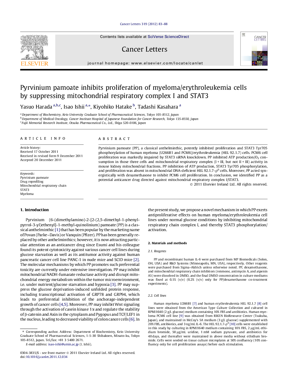 Pyrvinium pamoate inhibits proliferation of myeloma/erythroleukemia cells by suppressing mitochondrial respiratory complex I and STAT3