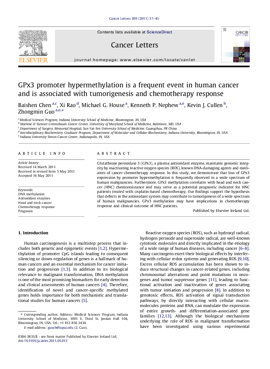 GPx3 promoter hypermethylation is a frequent event in human cancer and is associated with tumorigenesis and chemotherapy response