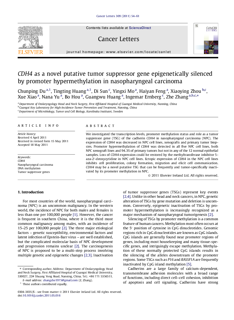 CDH4 as a novel putative tumor suppressor gene epigenetically silenced by promoter hypermethylation in nasopharyngeal carcinoma