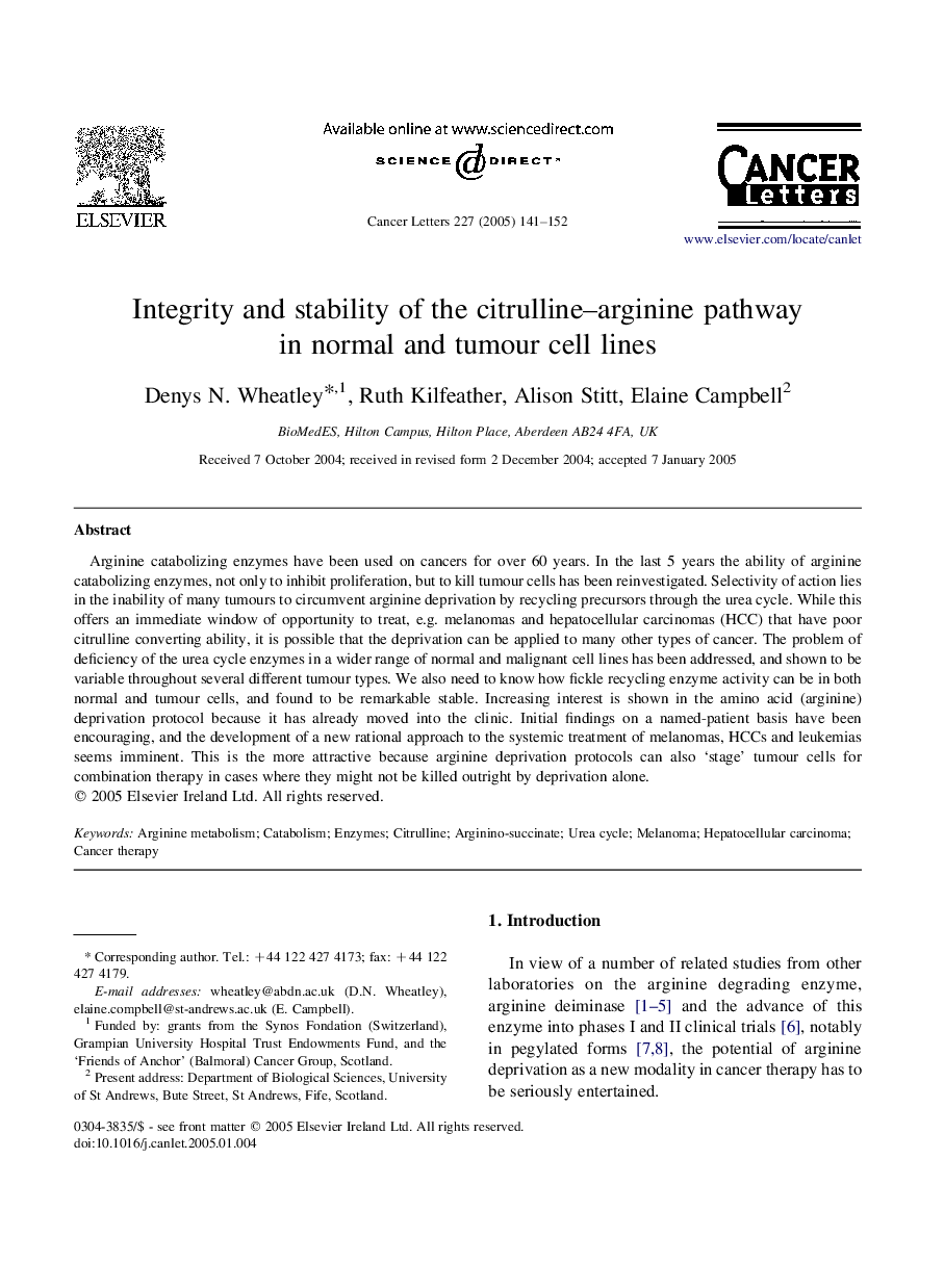 Integrity and stability of the citrulline-arginine pathway in normal and tumour cell lines