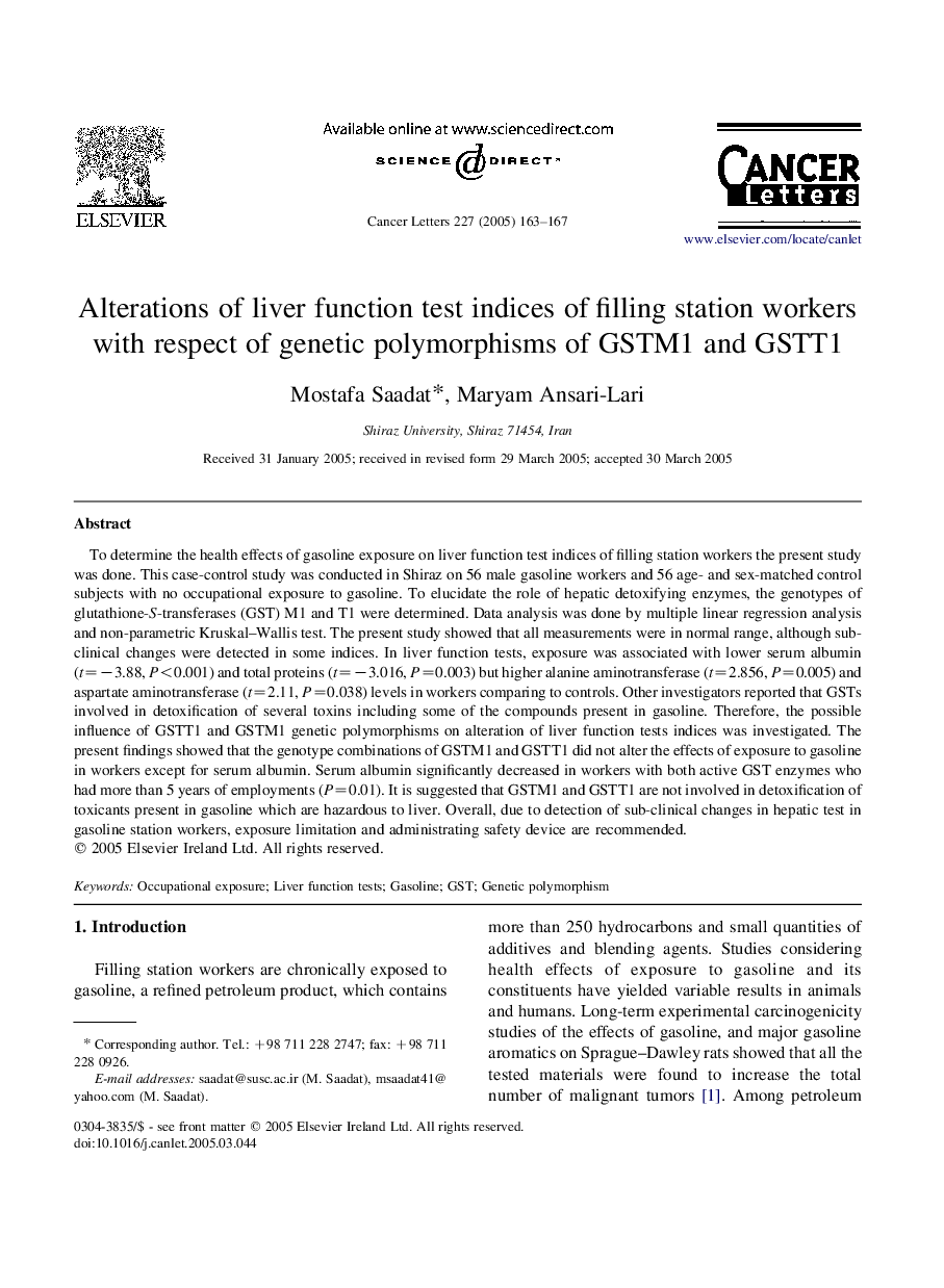 Alterations of liver function test indices of filling station workers with respect of genetic polymorphisms of GSTM1 and GSTT1