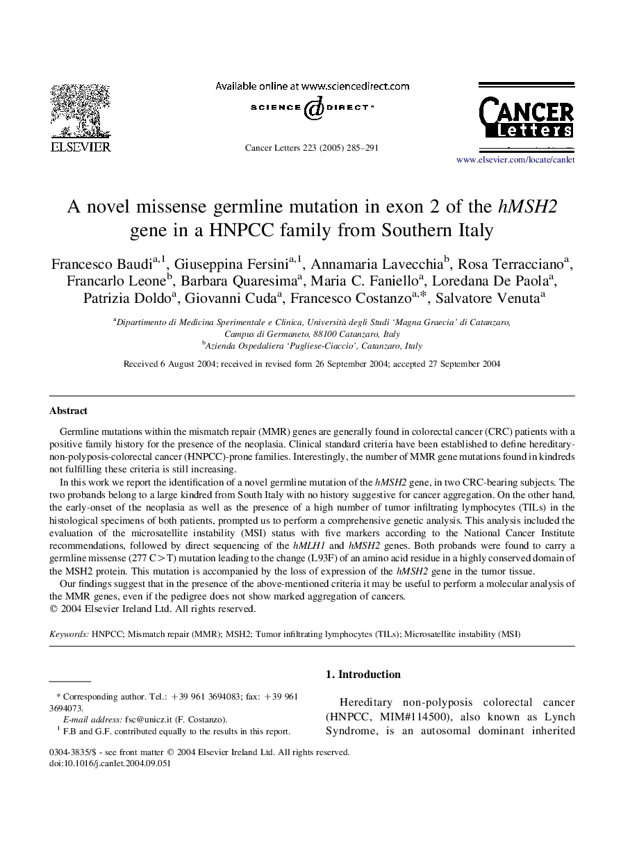 A novel missense germline mutation in exon 2 of the hMSH2 gene in a HNPCC family from Southern Italy