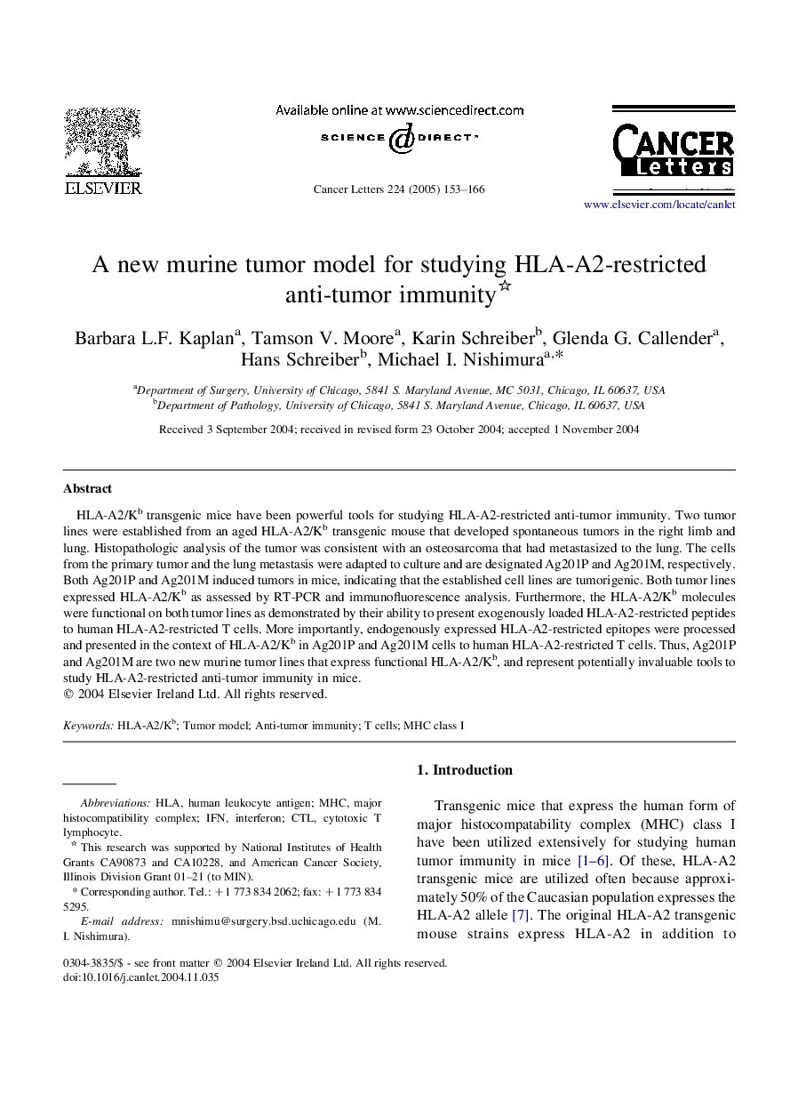 A new murine tumor model for studying HLA-A2-restricted anti-tumor immunity