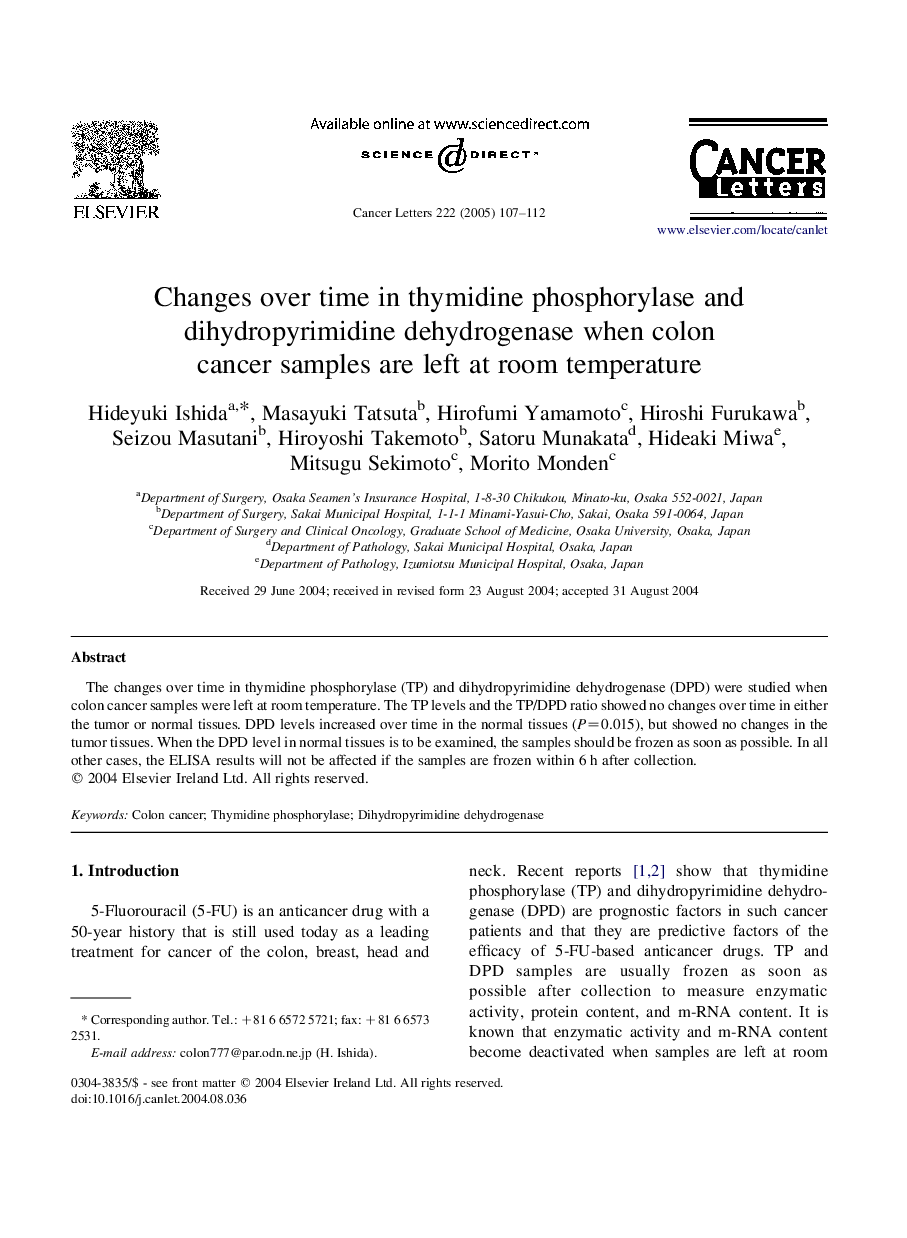 Changes over time in thymidine phosphorylase and dihydropyrimidine dehydrogenase when colon cancer samples are left at room temperature