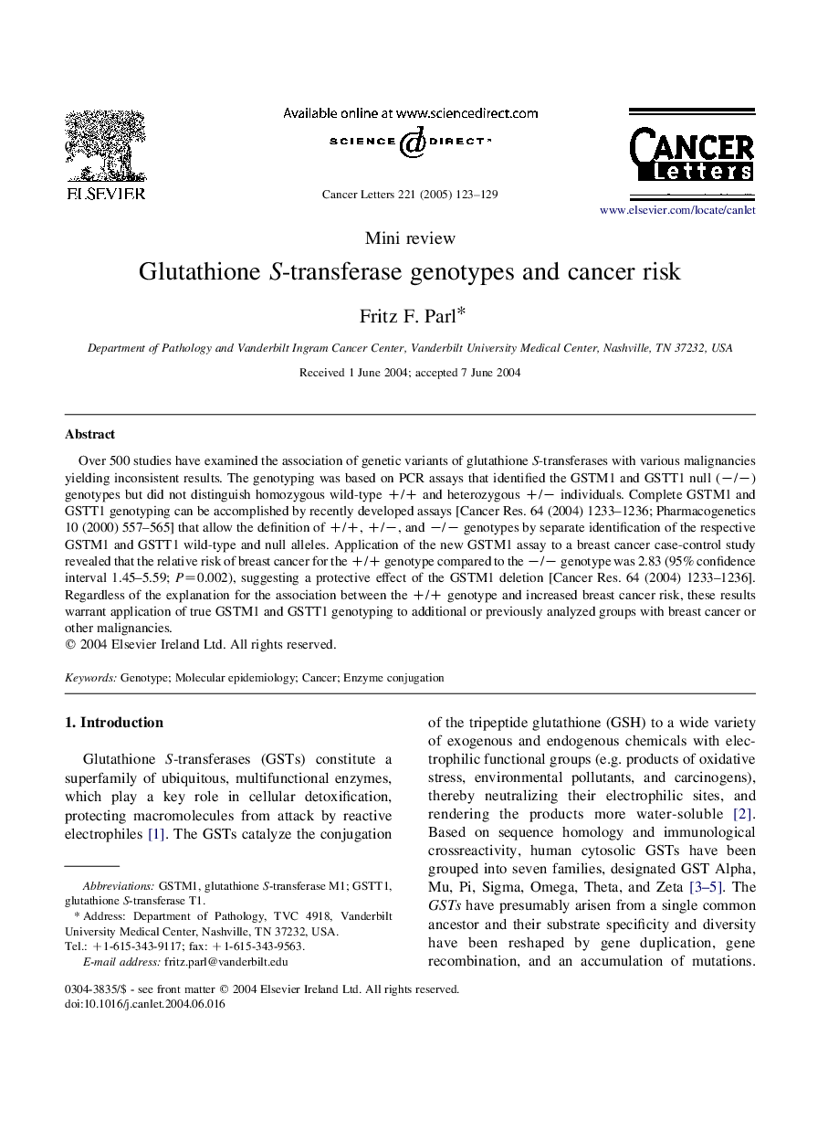 Glutathione S-transferase genotypes and cancer risk