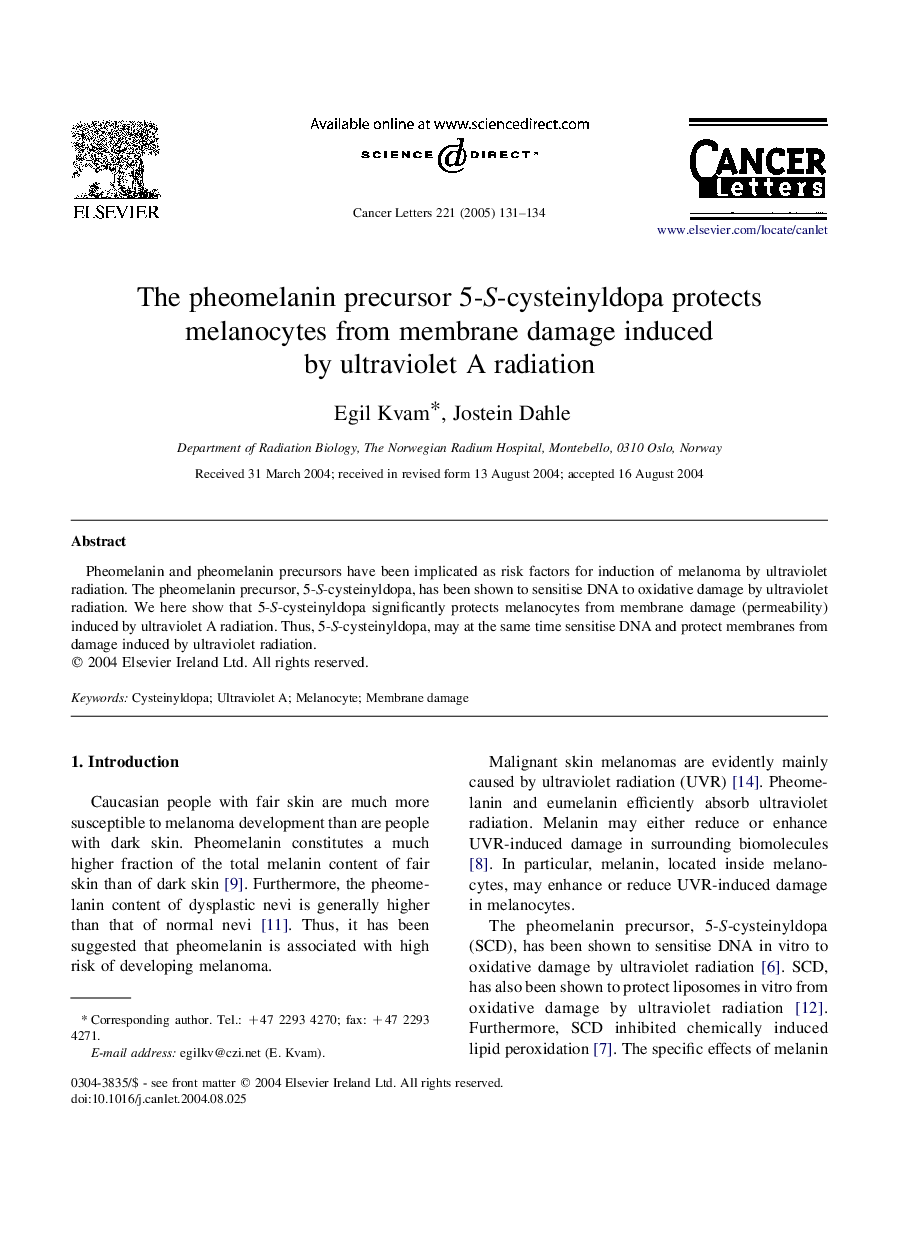 The pheomelanin precursor 5-S-cysteinyldopa protects melanocytes from membrane damage induced by ultraviolet A radiation