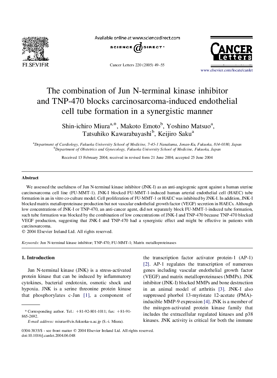 The combination of Jun N-terminal kinase inhibitor and TNP-470 blocks carcinosarcoma-induced endothelial cell tube formation in a synergistic manner