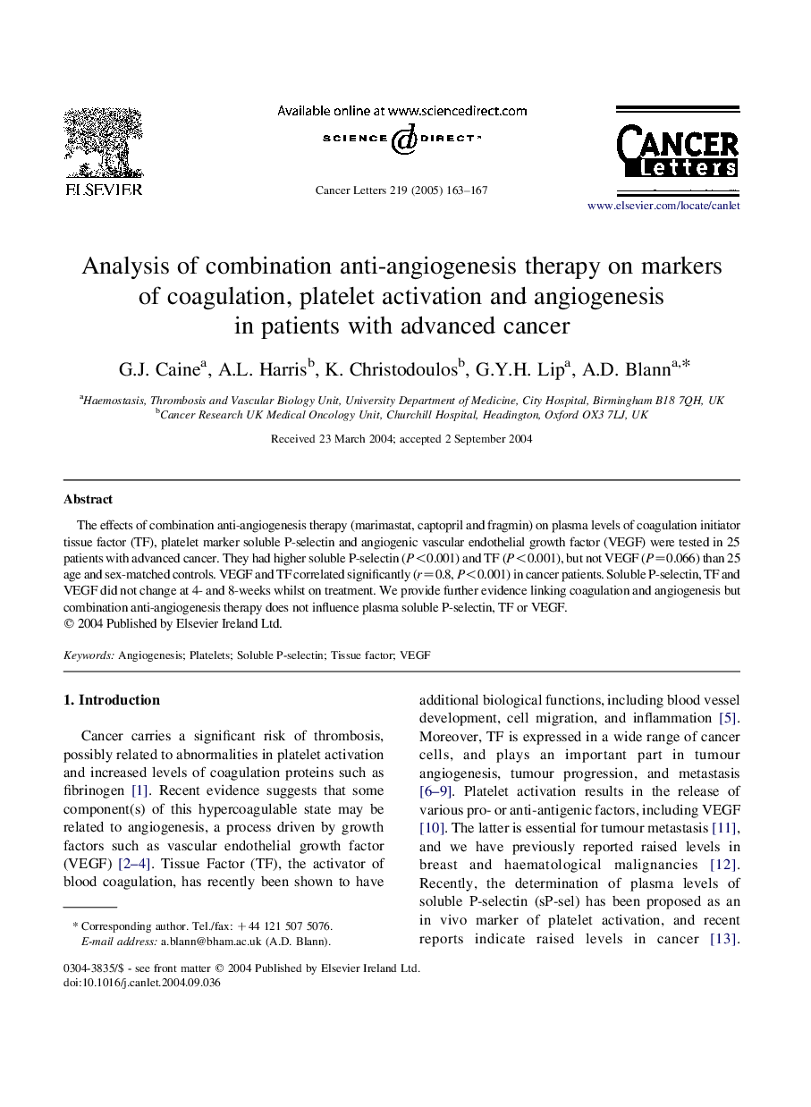 Analysis of combination anti-angiogenesis therapy on markers of coagulation, platelet activation and angiogenesis in patients with advanced cancer